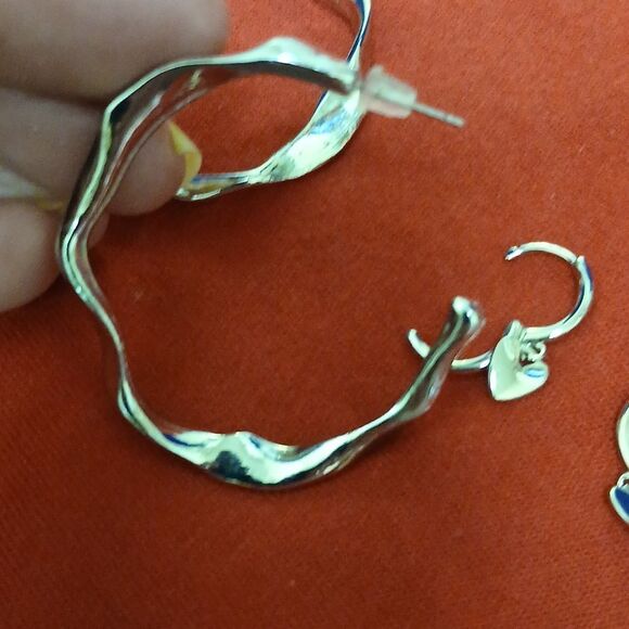 Silvertone Earrings Set with Large Swirl and Small Hoops With Hearts Pierced - Picture 5 of 8